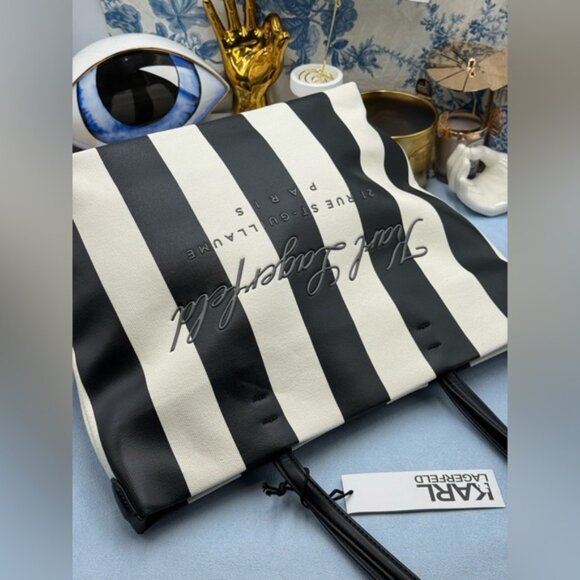 🆕 KARL LAGERFELD PARIS 🧿 NWT Hotel Beach Stripe Tote, Black & White - Picture 9 of 15